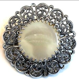 Silver Tone Filigree Mother of Pearl Centre Brooch